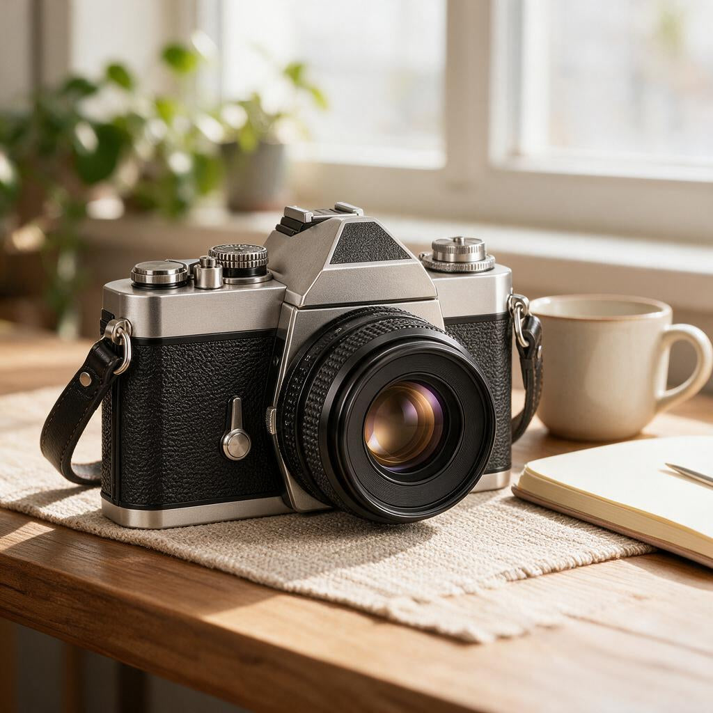 Silver & Black Retro SLR Camera — lifestyle