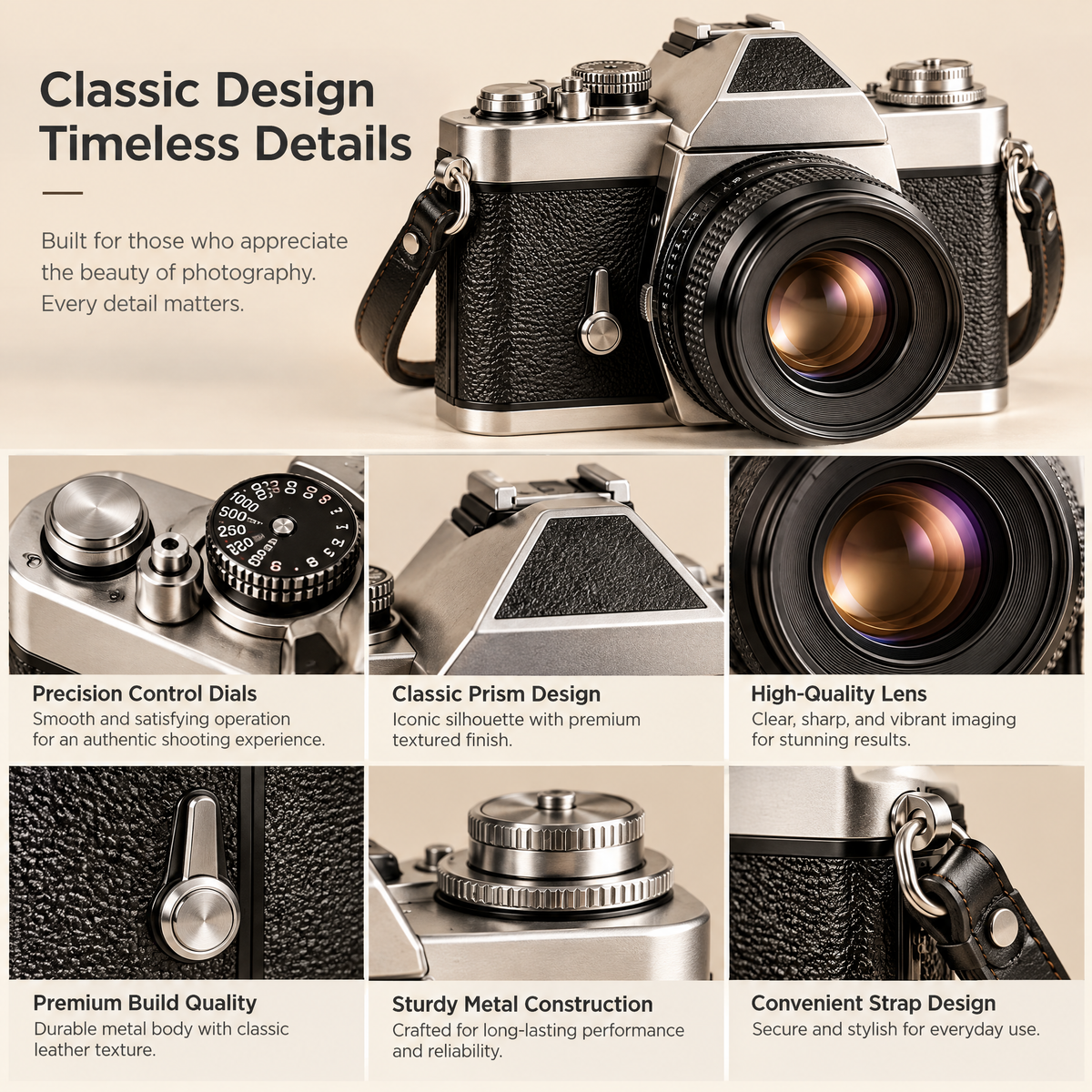 Silver & Black Retro SLR Camera — details
