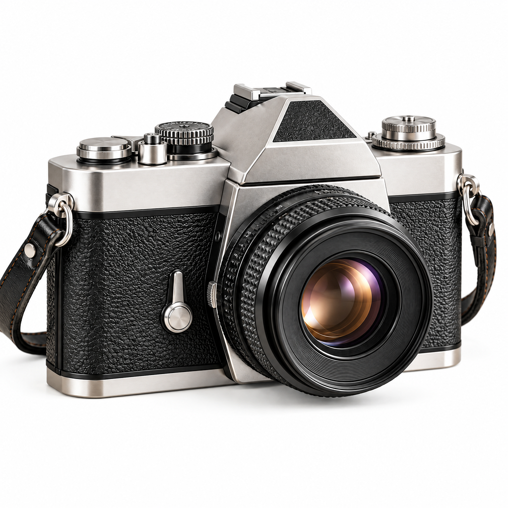 Silver & Black Retro SLR Camera — studio view