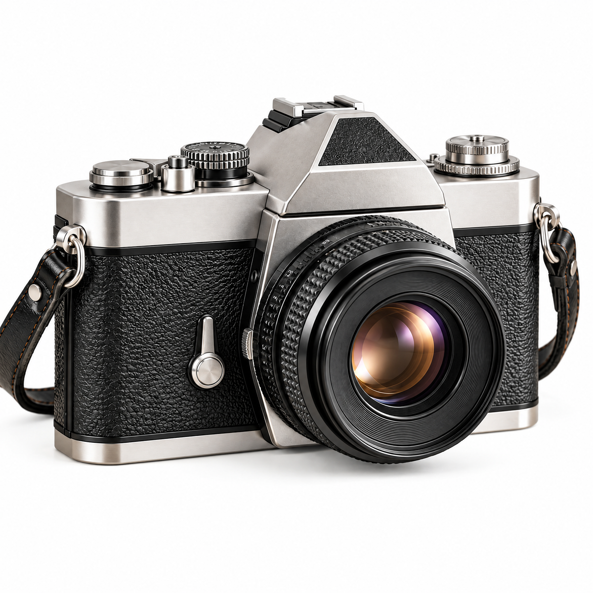 Silver & Black Retro SLR Camera — studio view