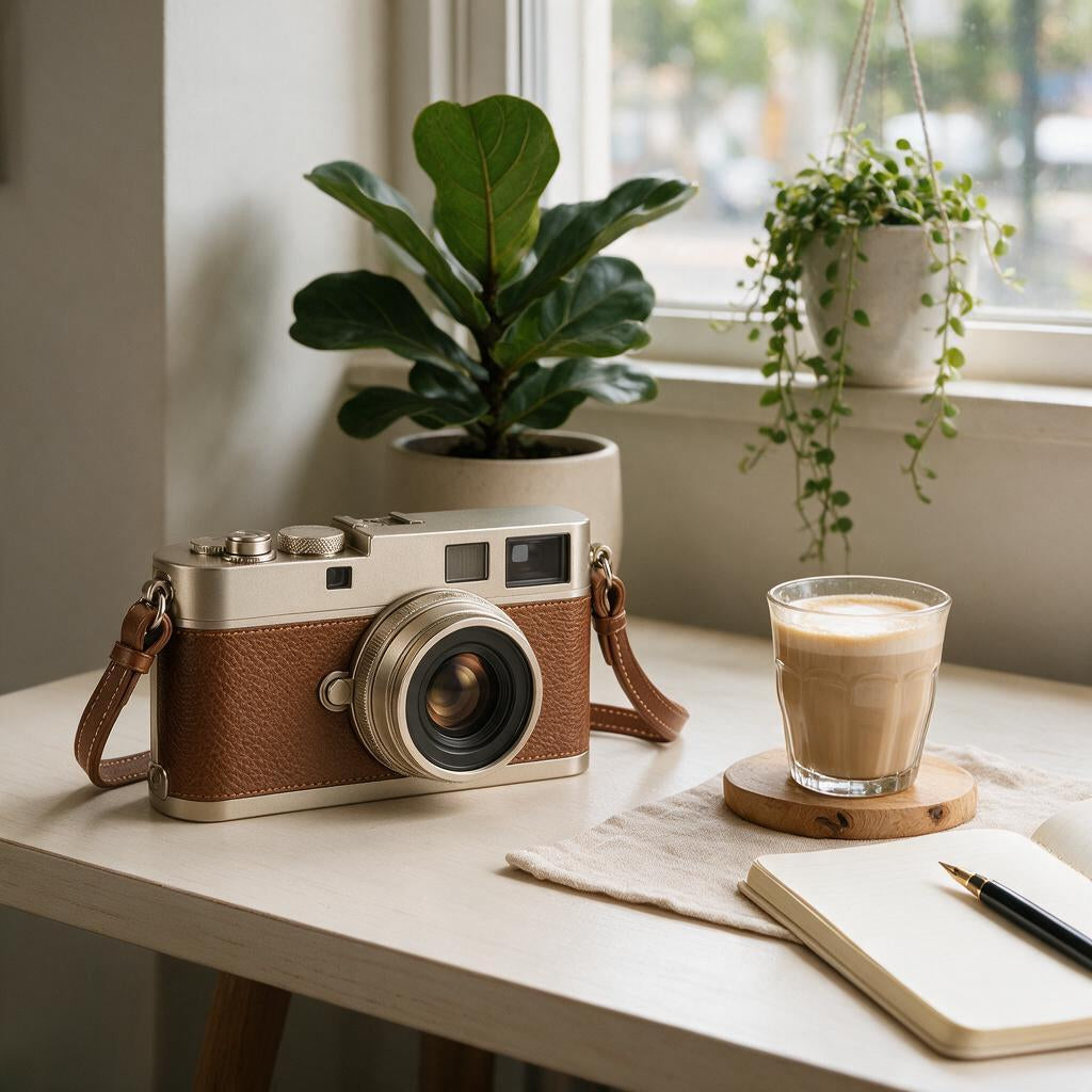 Champagne & Brown Retro Rangefinder Camera — lifestyle