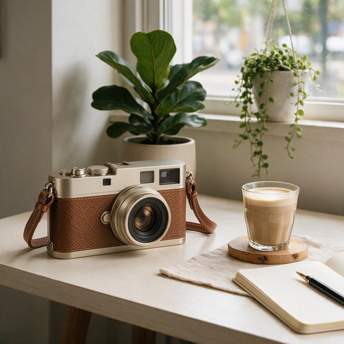 Champagne & Brown Retro Rangefinder Camera — lifestyle