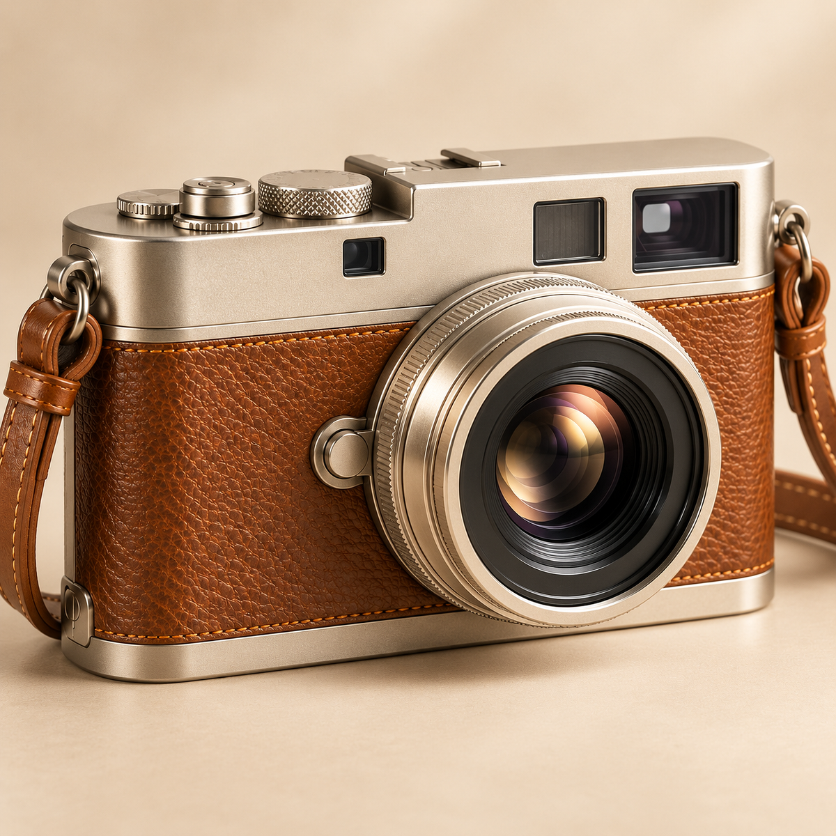 Champagne & Brown Retro Rangefinder Camera — design details