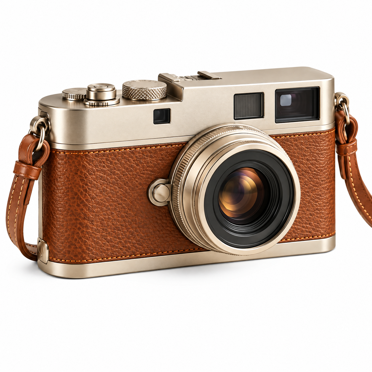 Champagne & Brown Retro Rangefinder Camera — studio view