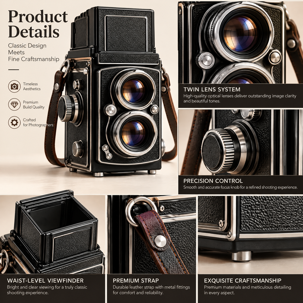 Classic Black Twin-Lens Camera — design details
