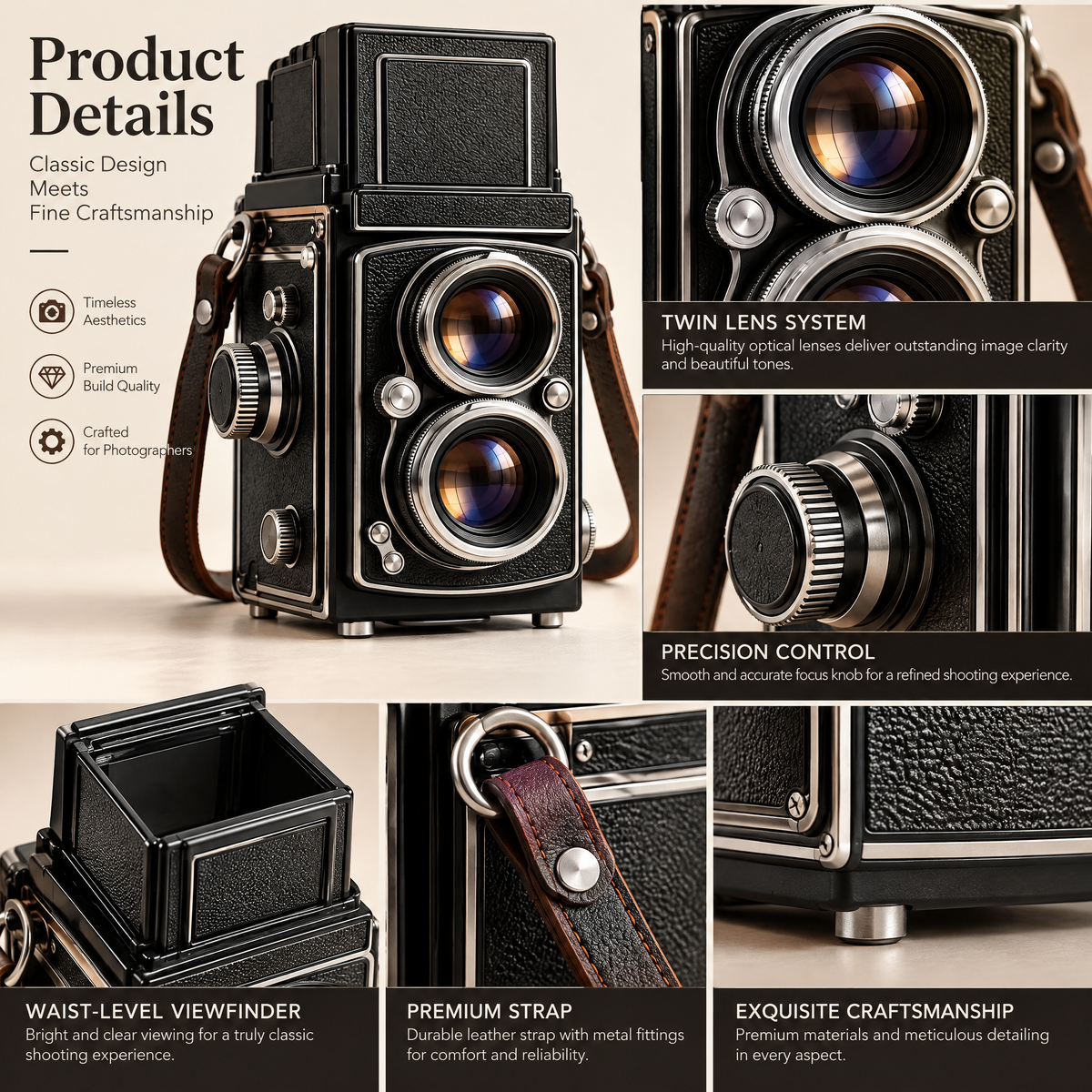 Classic Black Twin-Lens Camera — design details