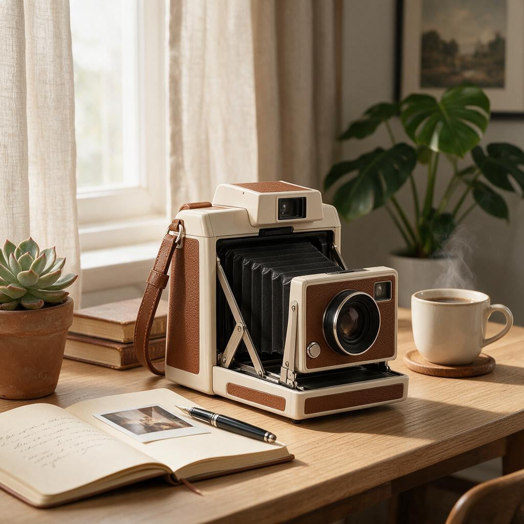 Ivory & Brown Folding-Style Camera — lifestyle