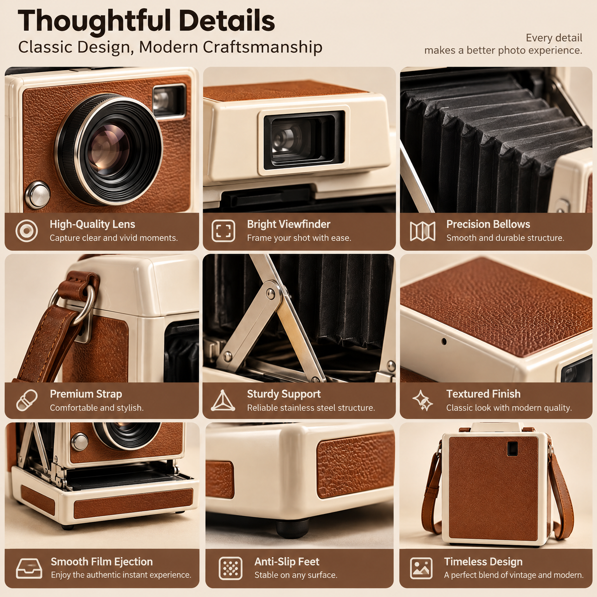 Ivory & Brown Folding-Style Camera — design details