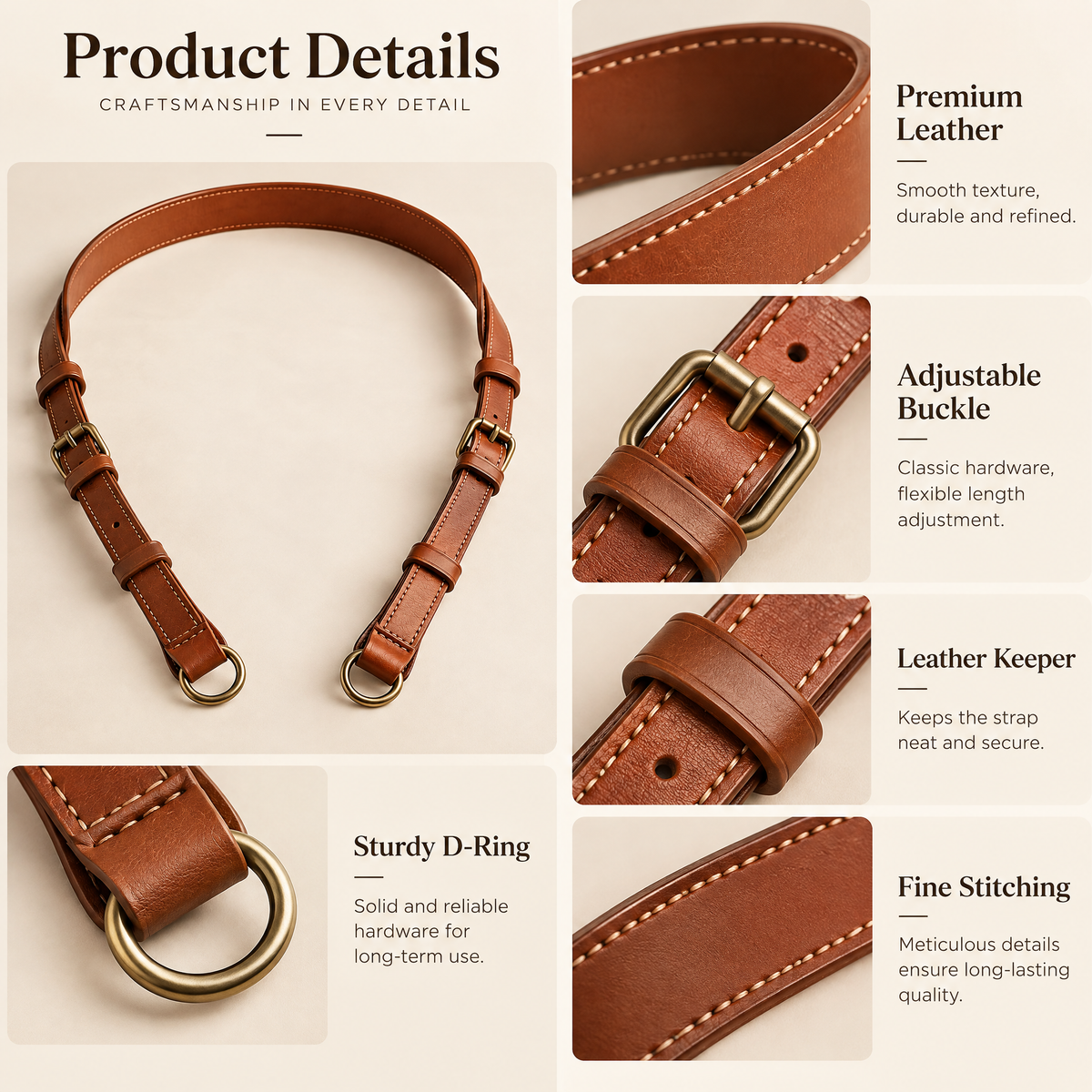 Cognac Leather-Look Camera Neck Strap — design details