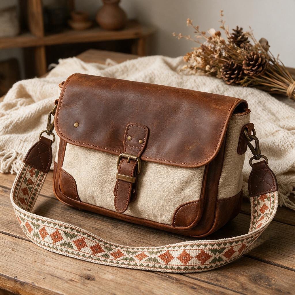 Rust & Olive Woven Camera Strap — lifestyle