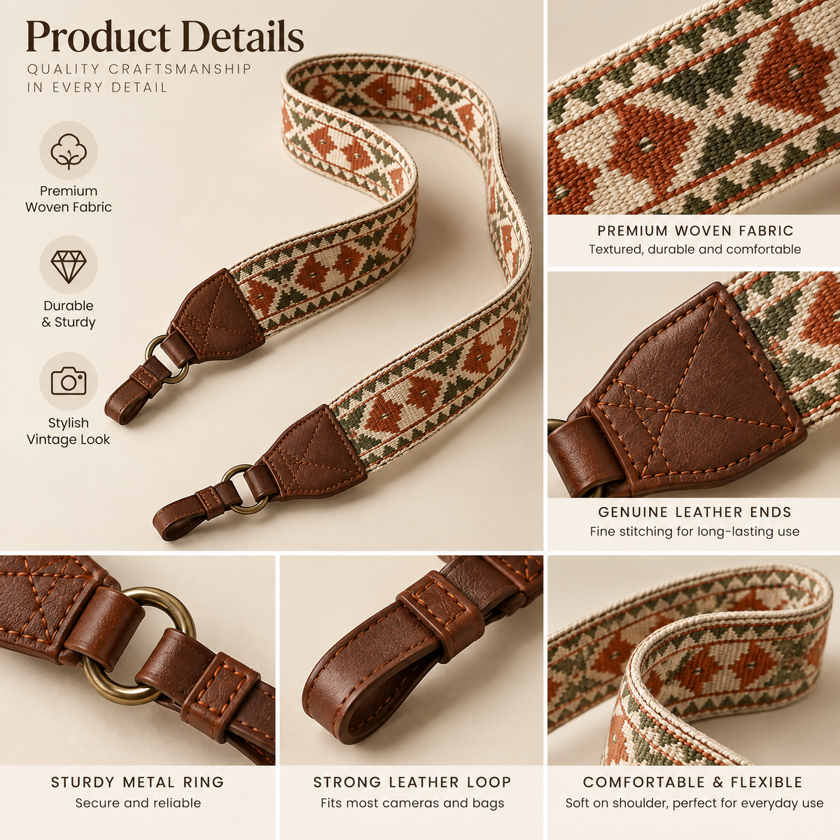 Rust & Olive Woven Camera Strap — design details
