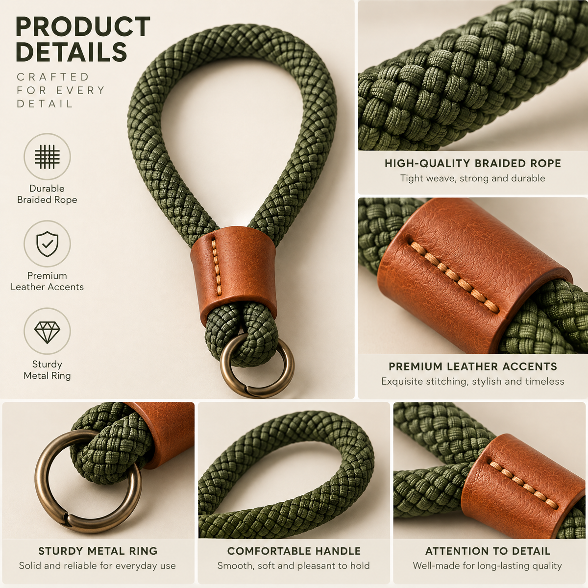 Olive Braided Camera Wrist Strap — design details
