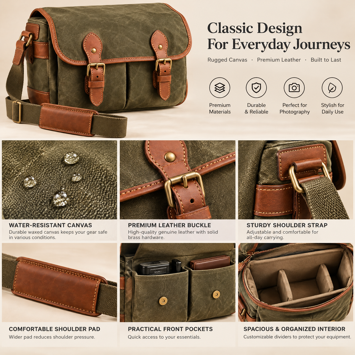 Olive Canvas-Look Camera Shoulder Bag — design details