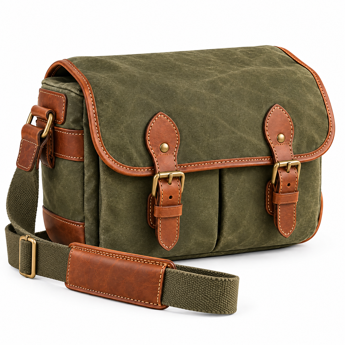 Olive Canvas-Look Camera Shoulder Bag — studio view