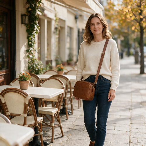 Cognac Leather-Look Camera Crossbody Bag — lifestyle