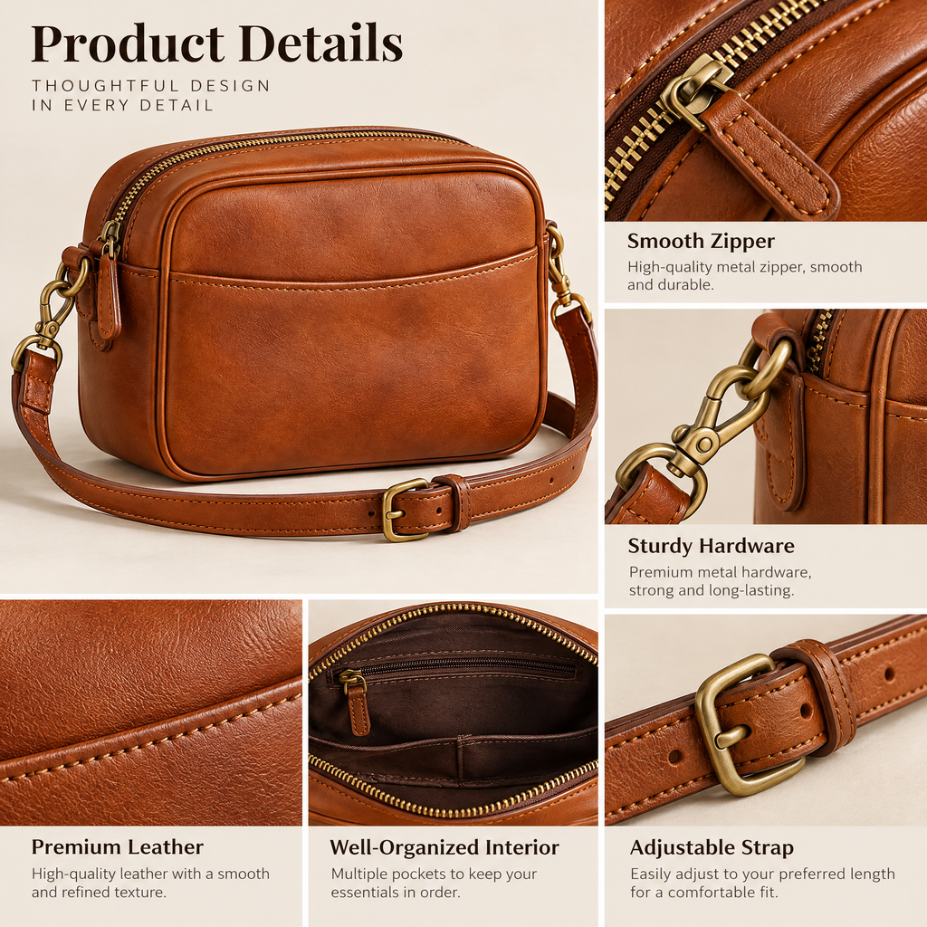 Cognac Leather-Look Camera Crossbody Bag — design details