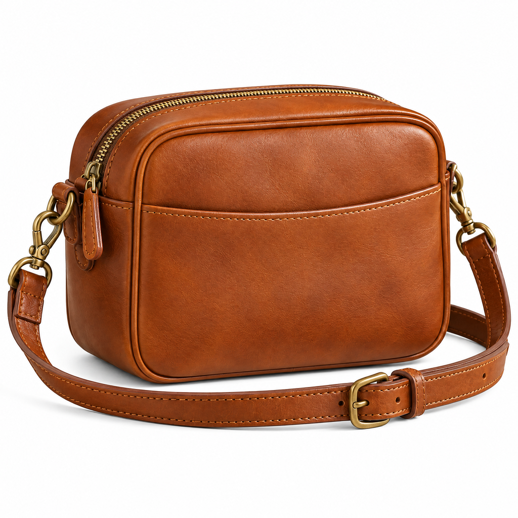 Cognac Leather-Look Camera Crossbody Bag — studio view