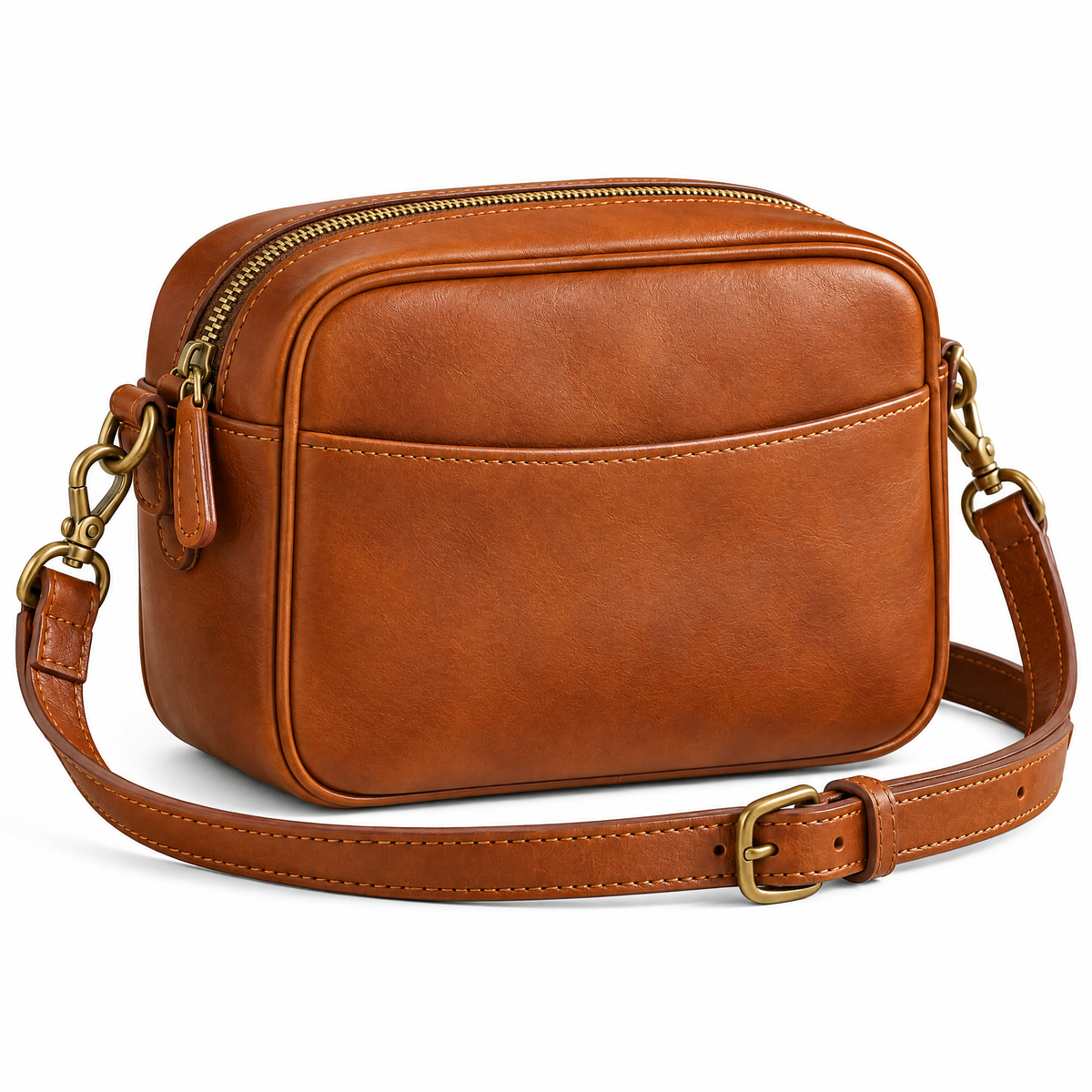 Cognac Leather-Look Camera Crossbody Bag — studio view