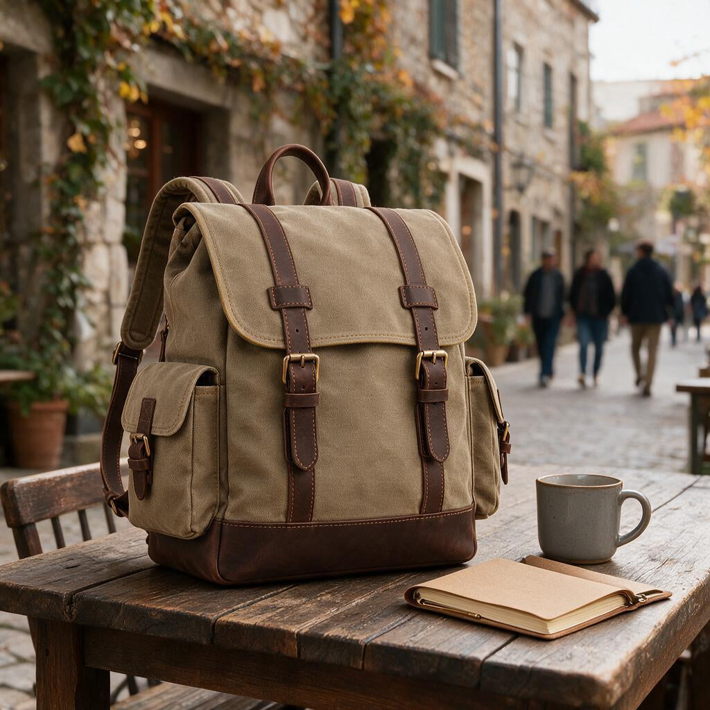 Khaki Canvas-Look Camera Backpack — lifestyle