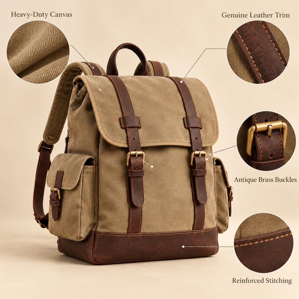Khaki Canvas-Look Camera Backpack — design details