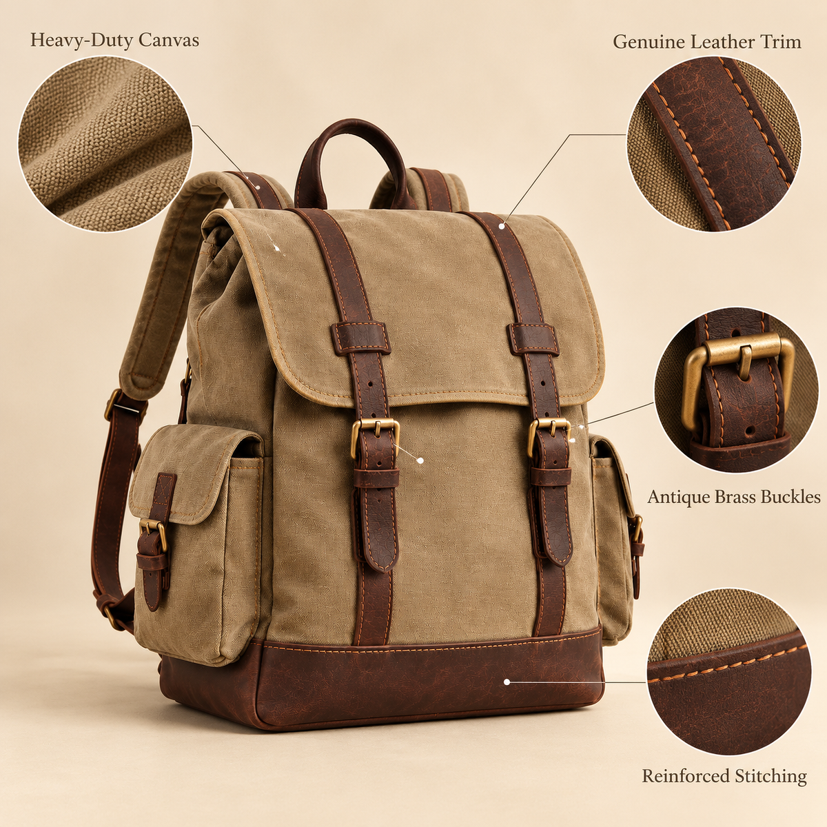 Khaki Canvas-Look Camera Backpack — design details