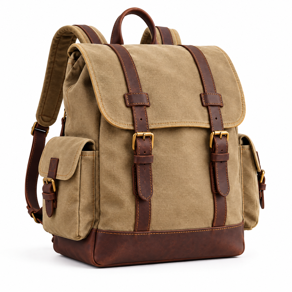 Khaki Canvas-Look Camera Backpack — studio view