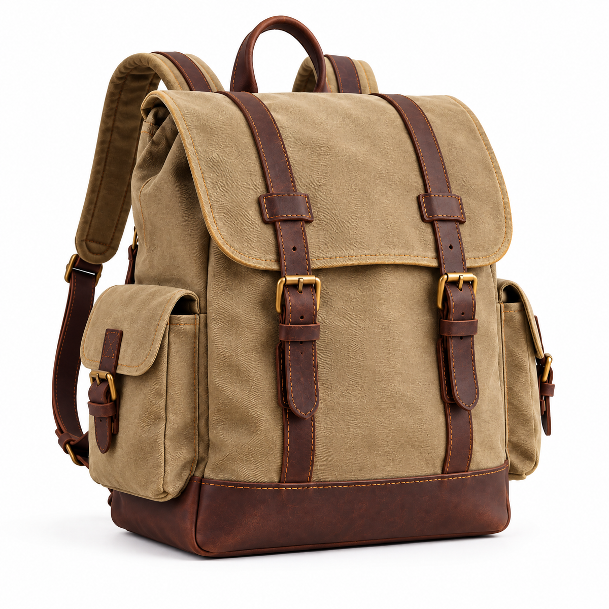 Khaki Canvas-Look Camera Backpack — studio view